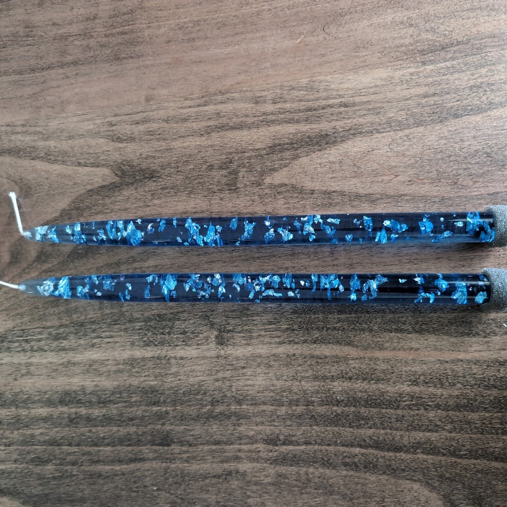 2 Vintage Blue Lucite Taper Candles Silver Metallic Flake Translucent 12" MCM 60 - Picture 4 of 6